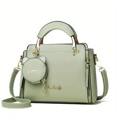 Cat Pendant Satchel Crossbody Bag PU Leather Textured Bag Purse