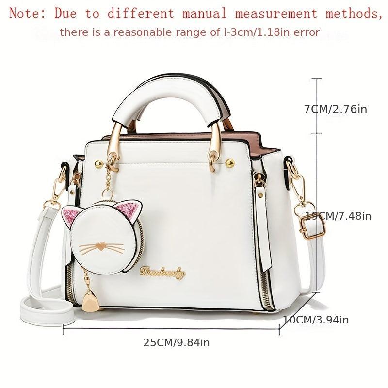 Cat Pendant Satchel Crossbody Bag PU Leather Textured Bag Purse