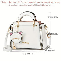 Cat Pendant Satchel Crossbody Bag PU Leather Textured Bag Purse