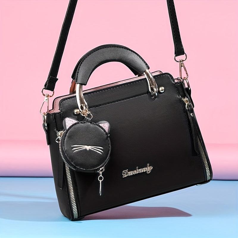 Cat Pendant Satchel Crossbody Bag PU Leather Textured Bag Purse