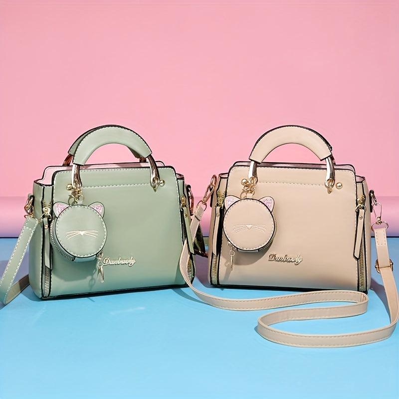 Cat Pendant Satchel Crossbody Bag PU Leather Textured Bag Purse