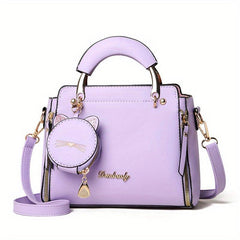 Cat Pendant Satchel Crossbody Bag PU Leather Textured Bag Purse