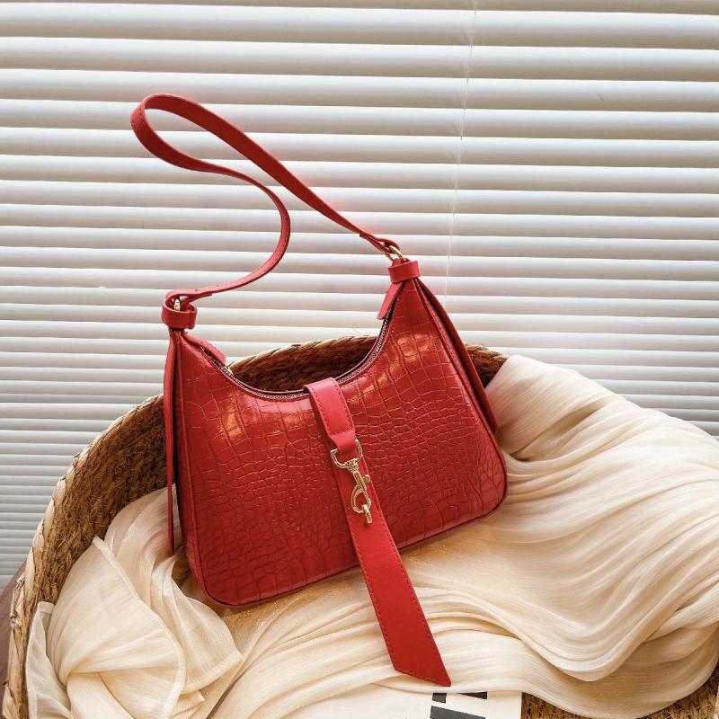 Crocodile Pattern Shoulder Bag Buckle Decor Underarm Purse Handbag