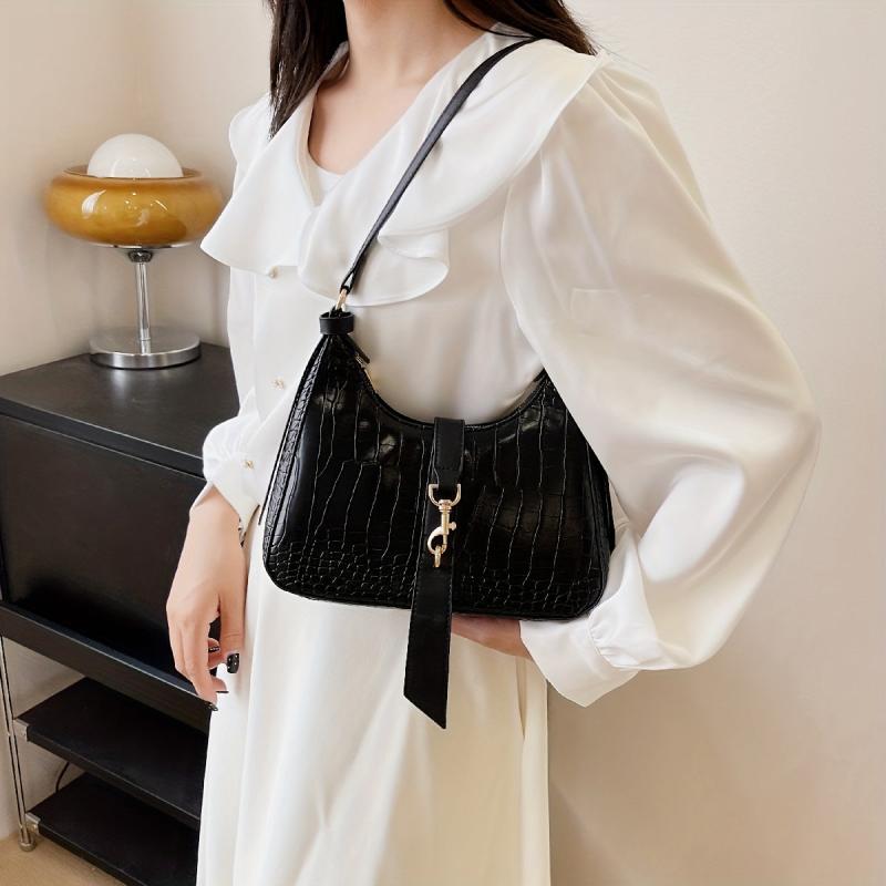 Crocodile Pattern Shoulder Bag Buckle Decor Underarm Purse Handbag