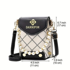 Faux Pearl Square Shoulder Bag PU Leather Flap Shoulder Bag