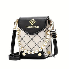 Faux Pearl Square Shoulder Bag PU Leather Flap Shoulder Bag