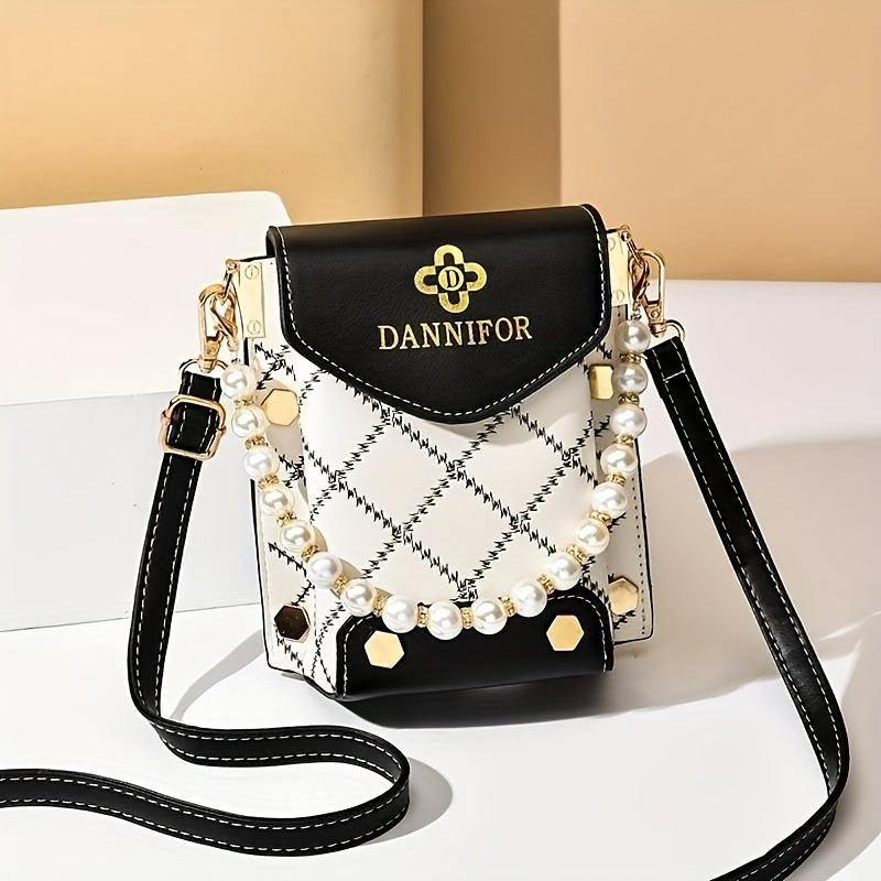 Faux Pearl Square Shoulder Bag PU Leather Flap Shoulder Bag