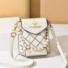 Faux Pearl Square Shoulder Bag PU Leather Flap Shoulder Bag