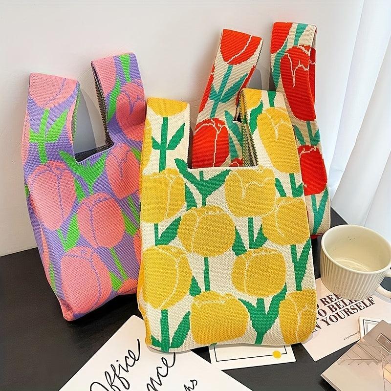 Tulip Pattern Satchel Bag Knitted Handbag Storage