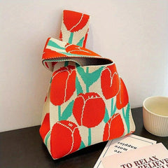 Tulip Pattern Satchel Bag Knitted Handbag Storage