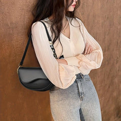 Stylish Saddle Bag With Scarf Decor Crossbody Chain Shoulder Purse