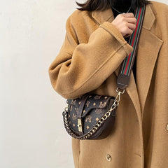 Chain Turn Lock Shoulder Bag PU Leather Saddle Bag