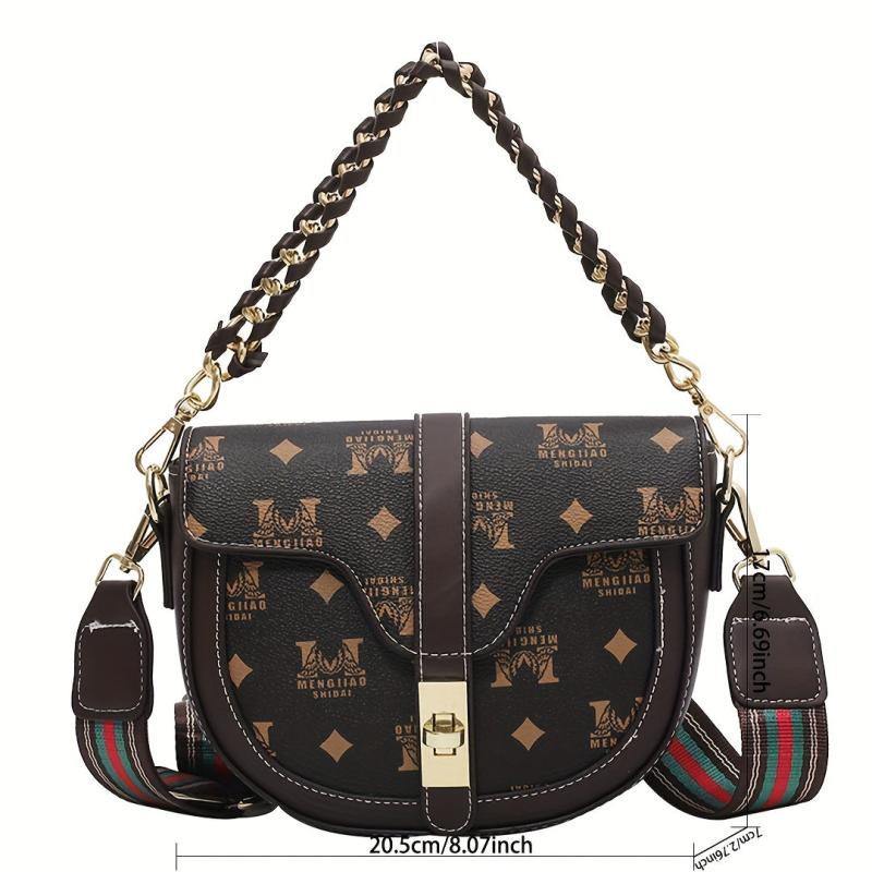 Chain Turn Lock Shoulder Bag PU Leather Saddle Bag