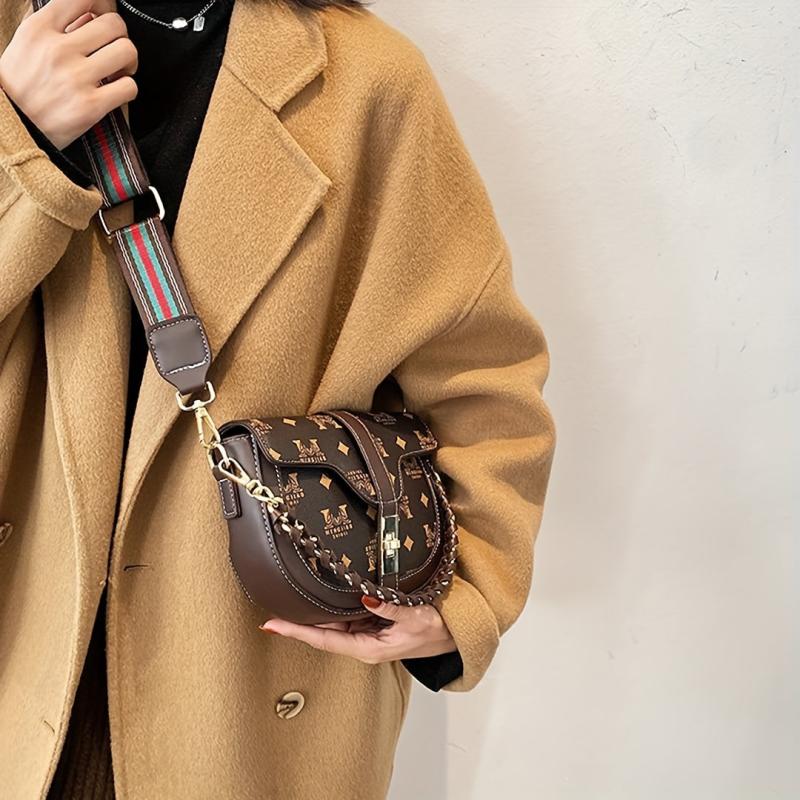Chain Turn Lock Shoulder Bag PU Leather Saddle Bag