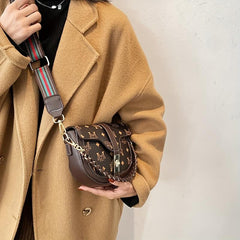 Chain Turn Lock Shoulder Bag PU Leather Saddle Bag