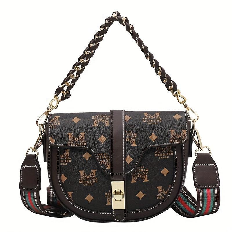Chain Turn Lock Shoulder Bag PU Leather Saddle Bag