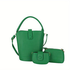 3pc Set Portable Handle Bucket Bag Magnet Zipper Handbag PU Leather