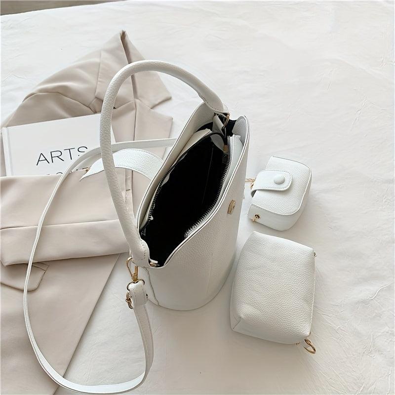 3pc Set Portable Handle Bucket Bag Magnet Zipper Handbag PU Leather