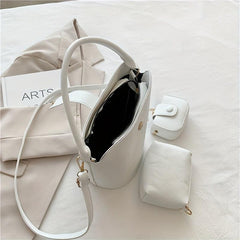 3pc Set Portable Handle Bucket Bag Magnet Zipper Handbag PU Leather