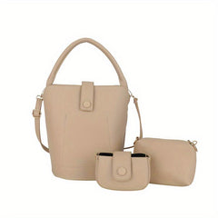 3pc Set Portable Handle Bucket Bag Magnet Zipper Handbag PU Leather