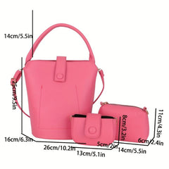 3pc Set Portable Handle Bucket Bag Magnet Zipper Handbag PU Leather