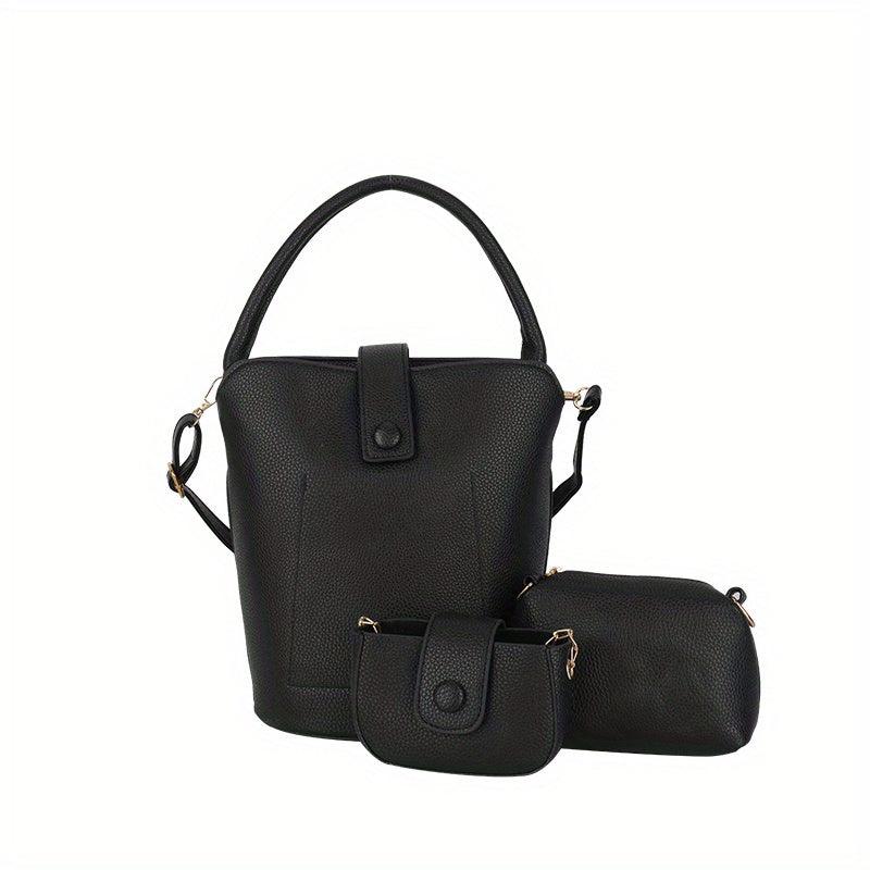 3pc Set Portable Handle Bucket Bag Magnet Zipper Handbag PU Leather