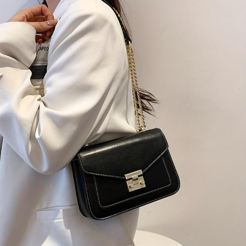 Flap Shoulder Bag Faux Leather Satchel Metal Chain Crossbody Bag