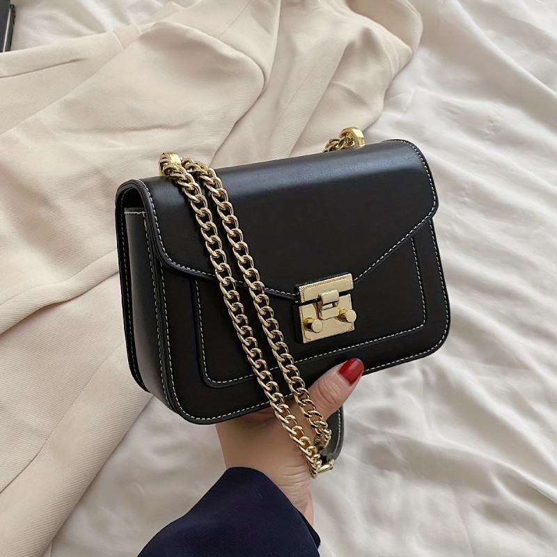 Flap Shoulder Bag Faux Leather Satchel Metal Chain Crossbody Bag