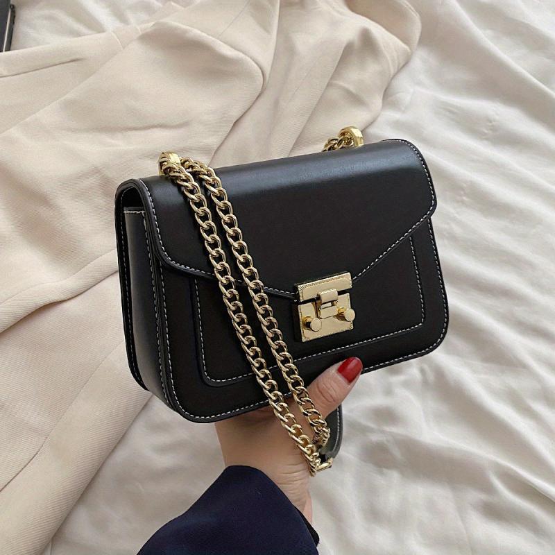 Flap Shoulder Bag Faux Leather Satchel Metal Chain Crossbody Bag