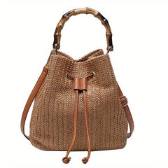 Boho Drawstring Straw Crossbody Bag Bamboo Handle Bucket Bag