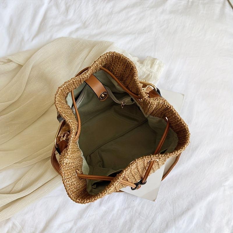 Boho Drawstring Straw Crossbody Bag Bamboo Handle Bucket Bag