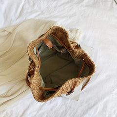 Boho Drawstring Straw Crossbody Bag Bamboo Handle Bucket Bag