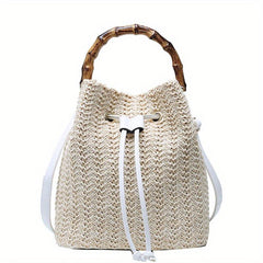 Boho Drawstring Straw Crossbody Bag Bamboo Handle Bucket Bag