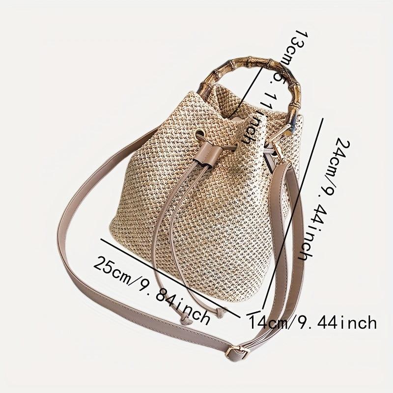 Boho Drawstring Straw Crossbody Bag Bamboo Handle Bucket Bag