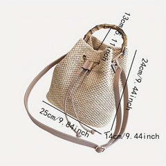 Boho Drawstring Straw Crossbody Bag Bamboo Handle Bucket Bag