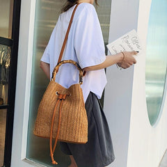 Boho Drawstring Straw Crossbody Bag Bamboo Handle Bucket Bag