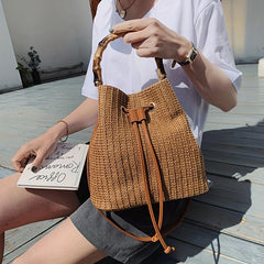 Boho Drawstring Straw Crossbody Bag Bamboo Handle Bucket Bag