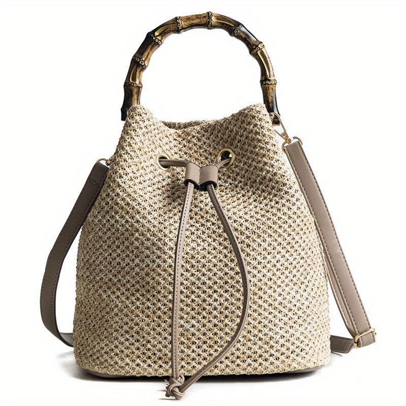 Boho Drawstring Straw Crossbody Bag Bamboo Handle Bucket Bag