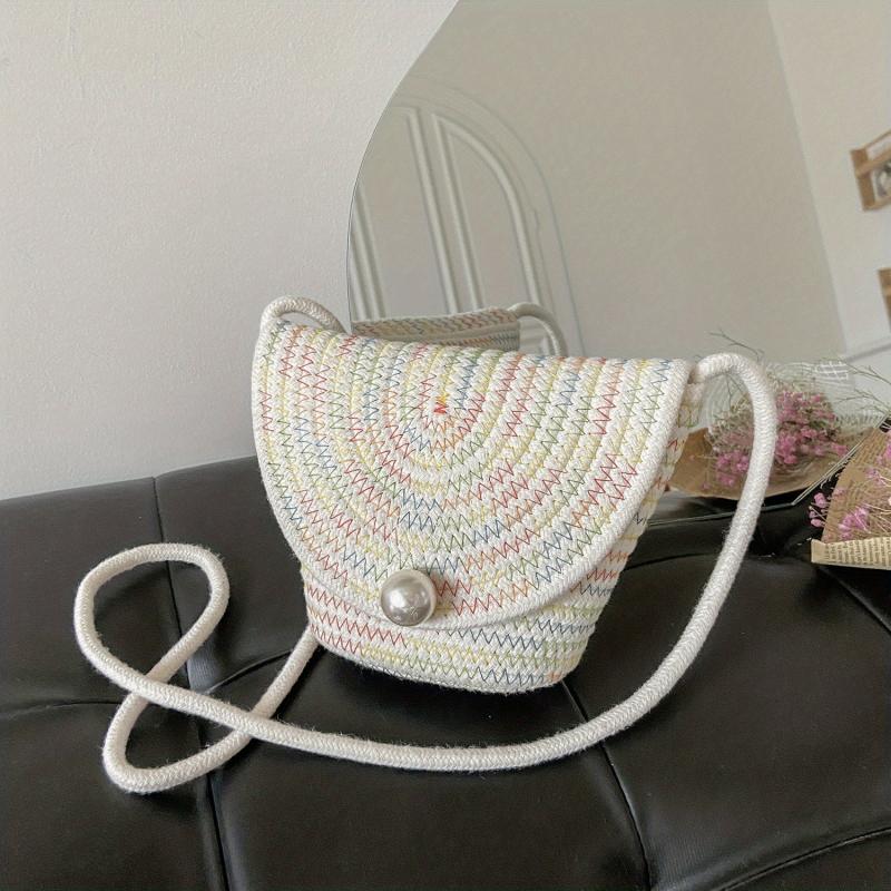 Faux Pearl Straw Bag Summer Beach Bucket Crossbody Purse