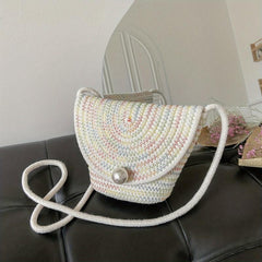 Faux Pearl Straw Bag Summer Beach Bucket Crossbody Purse