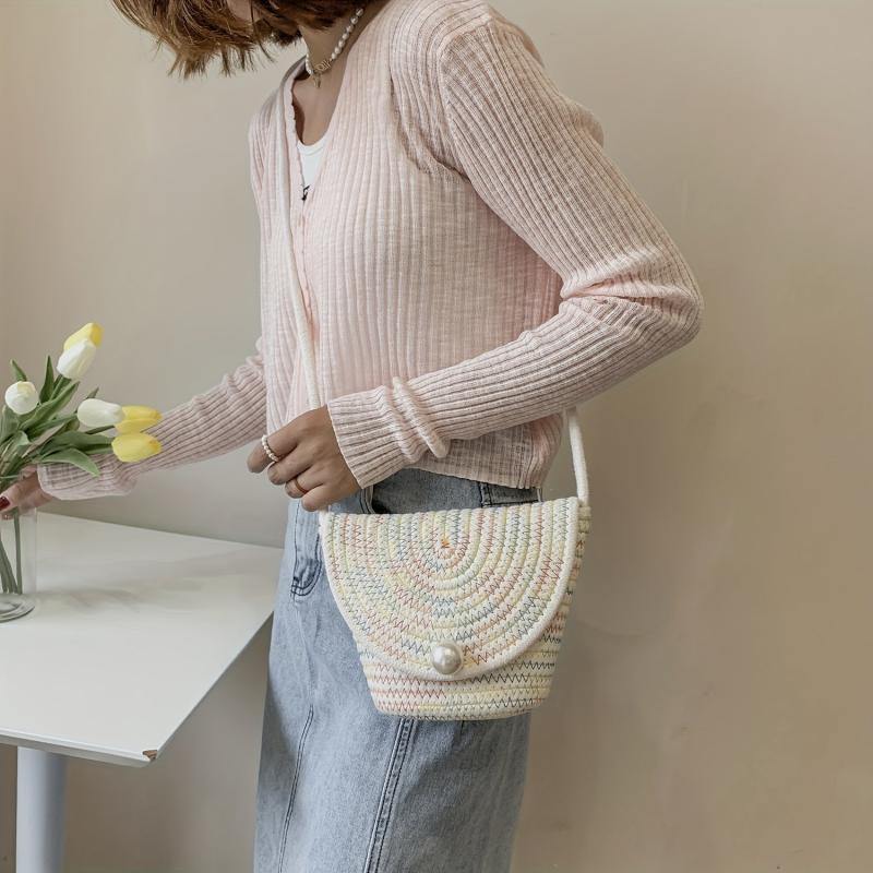 Faux Pearl Straw Bag Summer Beach Bucket Crossbody Purse