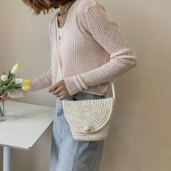 Faux Pearl Straw Bag Summer Beach Bucket Crossbody Purse