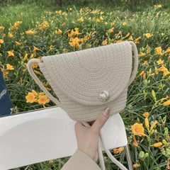 Faux Pearl Straw Bag Summer Beach Bucket Crossbody Purse