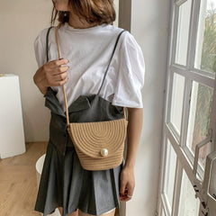 Faux Pearl Straw Bag Summer Beach Bucket Crossbody Purse