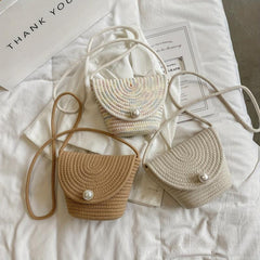 Faux Pearl Straw Bag Summer Beach Bucket Crossbody Purse