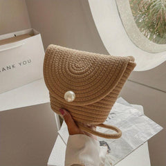 Faux Pearl Straw Bag Summer Beach Bucket Crossbody Purse