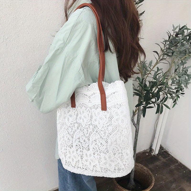 Hollowed Out Flower Canvas Tote Bag Lightweight Shoulder Bag