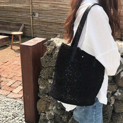Hollowed Out Flower Canvas Tote Bag Lightweight Shoulder Bag