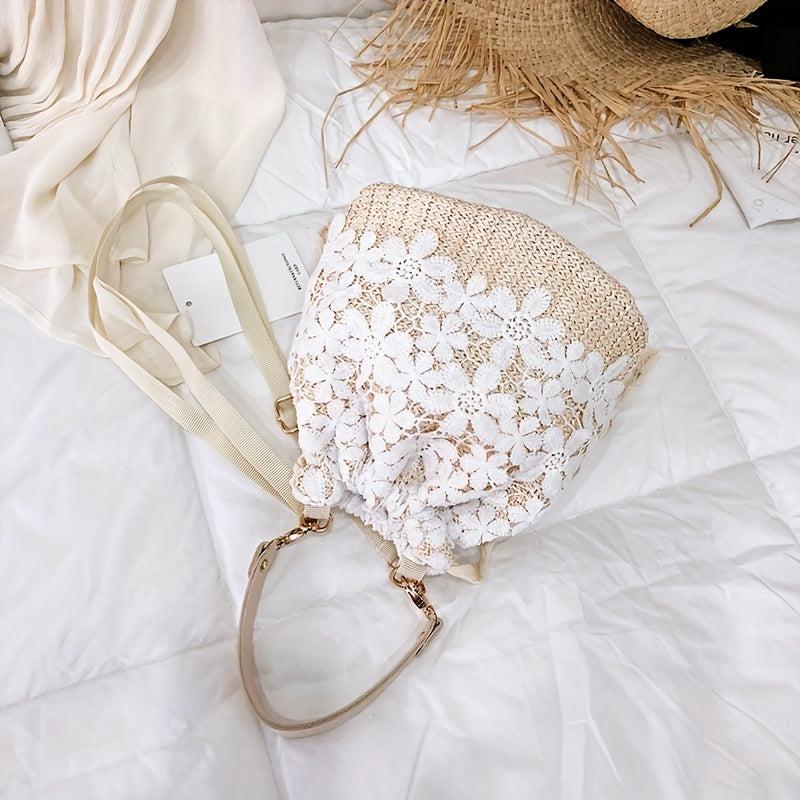 Braided Lace Straw Bucket Bag Drawstring Crossbody Bag Women's Handbag