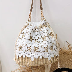 Braided Lace Straw Bucket Bag Drawstring Crossbody Bag Women's Handbag